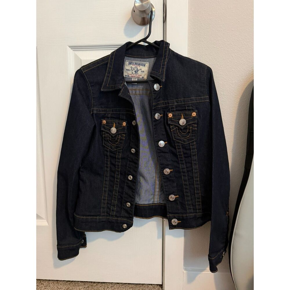 True Religion Women's Jimmy Trucker Jacket Dark Wash Denim Contrast Size XS
